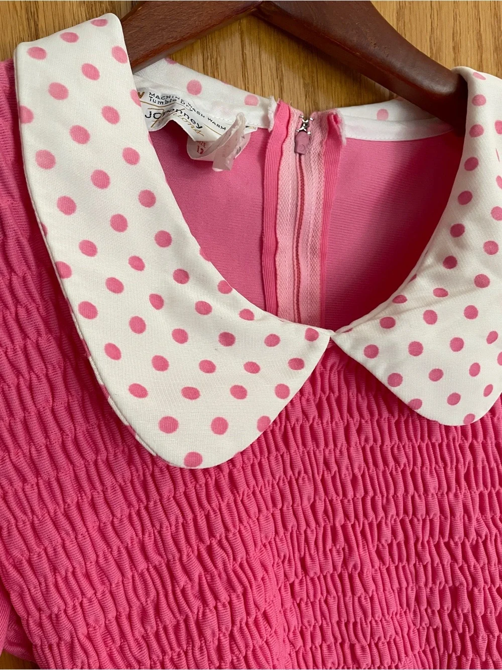 jcpenney Pink Smocked Dress with Polka Dot Peter Pan Collar 1970s Mae in USA